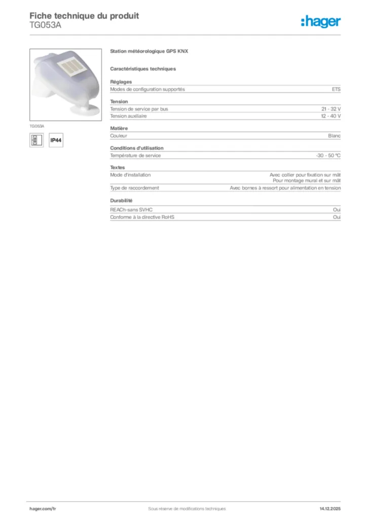 Image Hager Fiche technique du produit TG053A | Hager France
