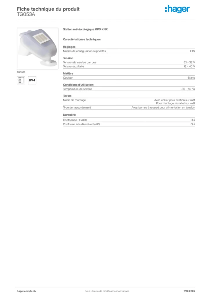 Image Hager Fiche technique du produit TG053A | Hager Suisse