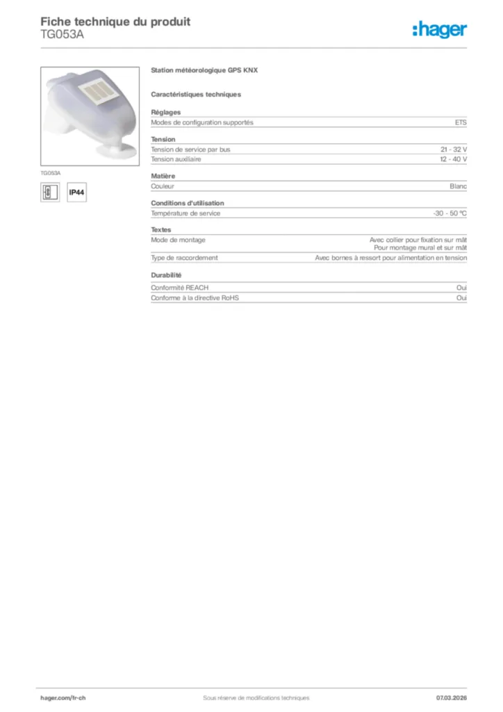 Image Hager Fiche technique du produit TG053A | Hager Suisse