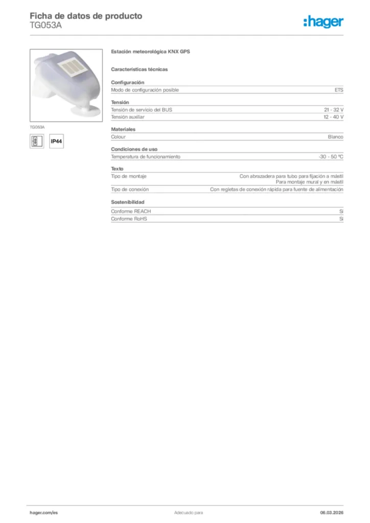 Imagen Hager Ficha de datos de producto TG053A | Hager España