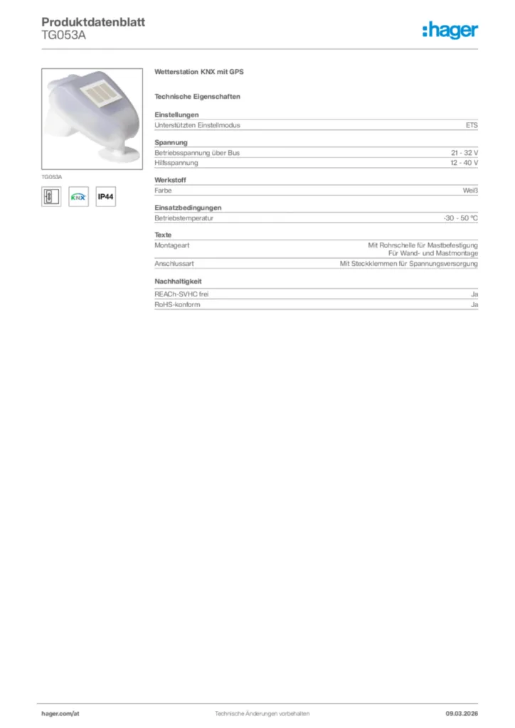 Bild Hager Produktdatenblatt TG053A | Hager Deutschland