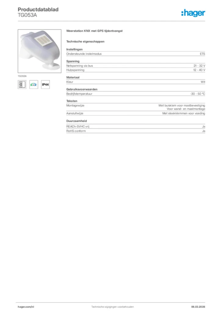 Afbeelding Hager Productdatablad TG053A | Hager Nederland