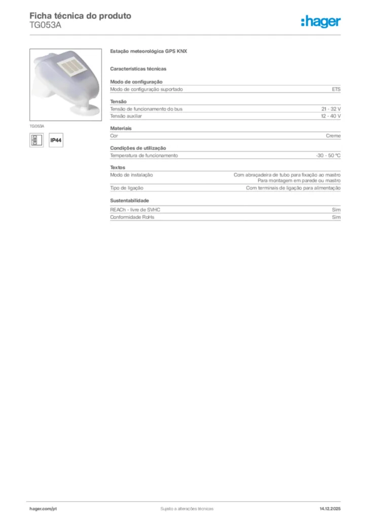 Imagem Hager Ficha técnica do produto TG053A | Hager Portugal