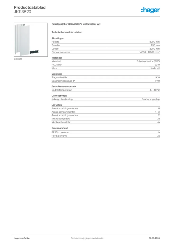 Afbeelding Hager Productdatablad JK113B20 | Hager Belgium