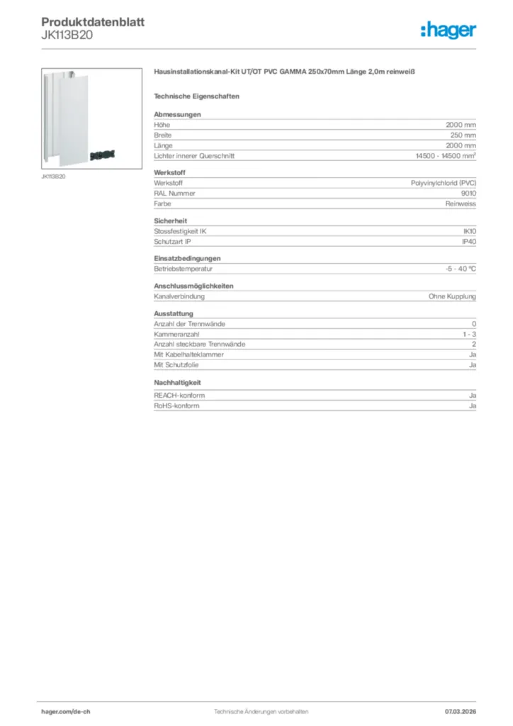 Bild Hager Produktdatenblatt JK113B20 | Hager Schweiz