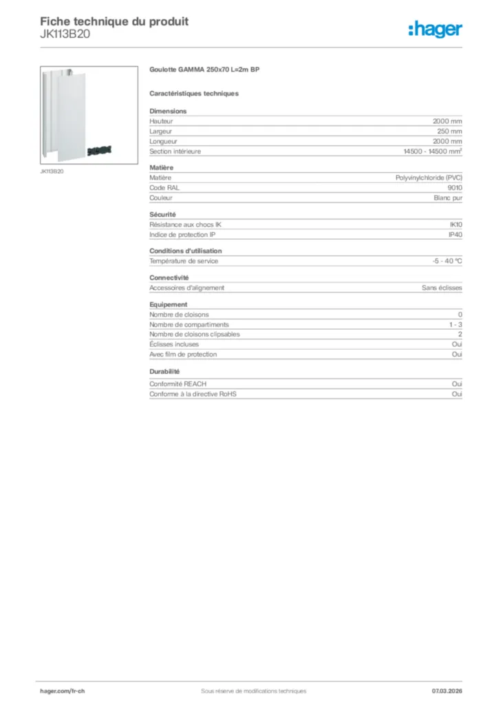 Image Hager Fiche technique du produit JK113B20 | Hager Suisse