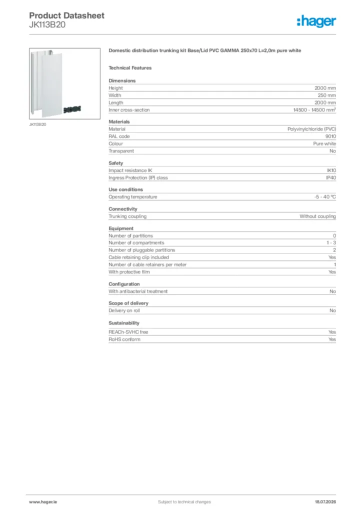 Image Hager Product data sheet JK113B20  | Hager