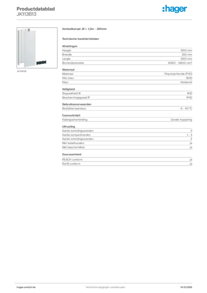 Afbeelding Hager Productdatablad JK113B13 | Hager Belgium