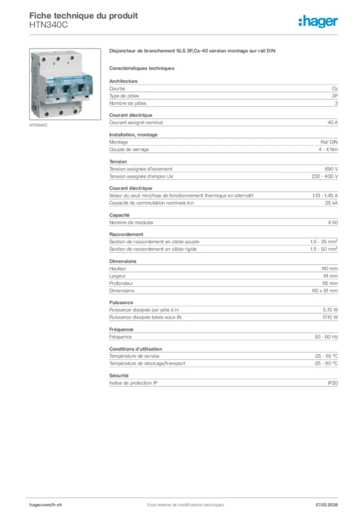 Image Hager Fiche technique du produit HTN340C | Hager Suisse