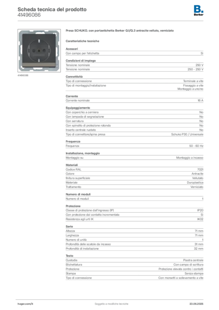 Immagine Berker Scheda tecnica del prodotto 41496086 | Hager Italia