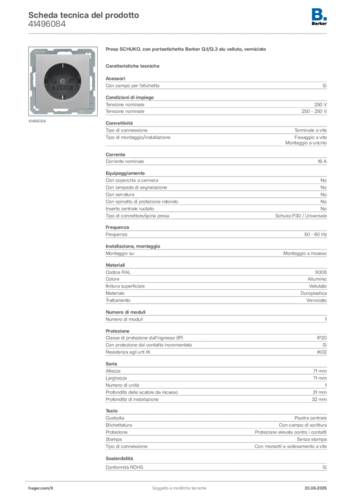 Immagine Berker Scheda tecnica del prodotto 41496084 | Hager Italia