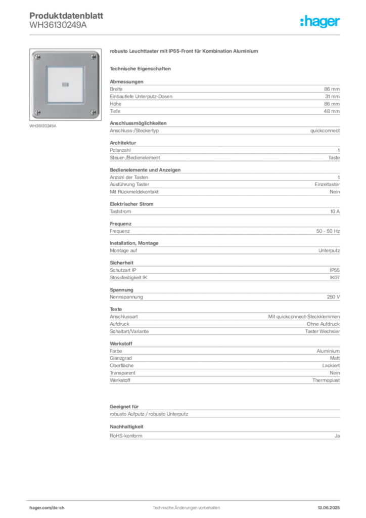 Bild Hager Produktdatenblatt WH36130249A | Hager Schweiz