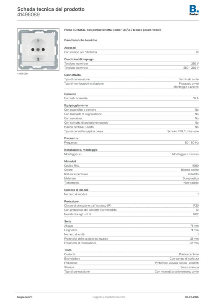 Immagine Berker Scheda tecnica del prodotto 41496089 | Hager Italia