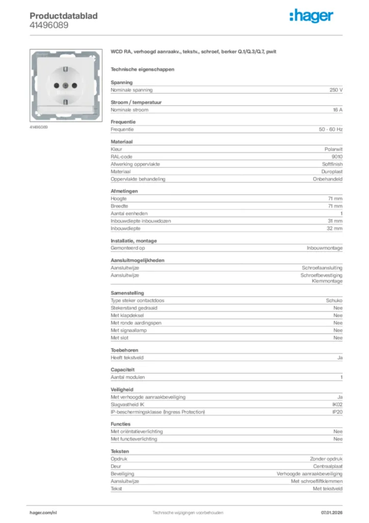Afbeelding Hager Productdatablad 41496089 | Hager Nederland