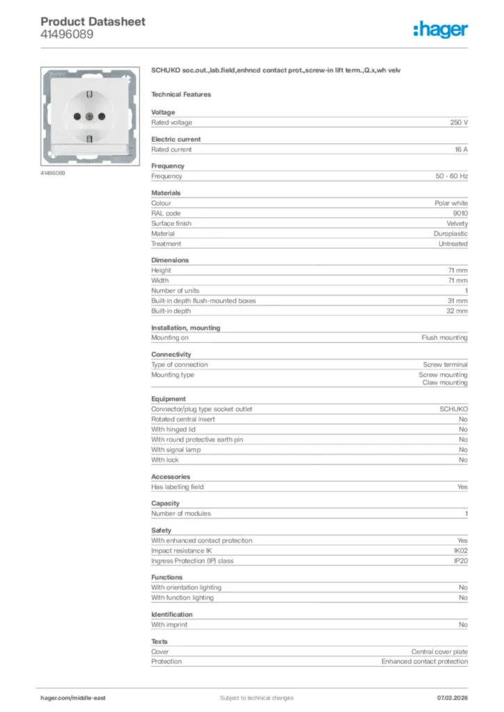 Image Hager Product data sheet 41496089  | Hager