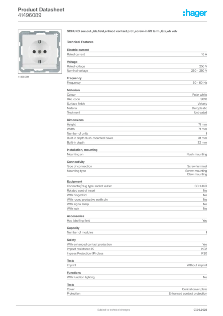 Image Hager Product data sheet 41496089  | Hager