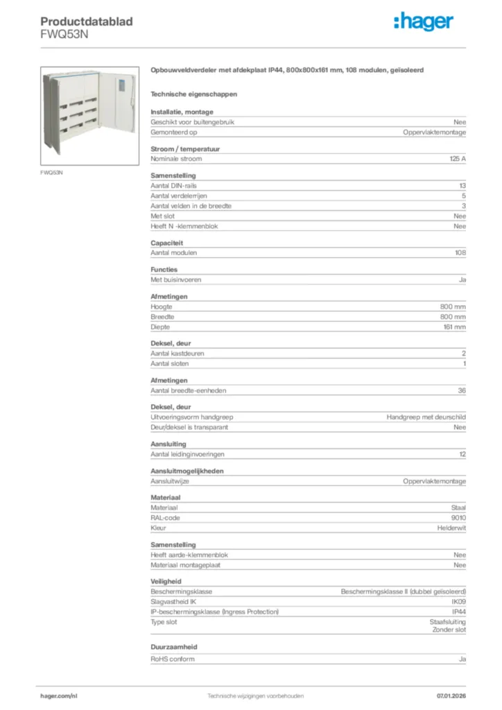 Afbeelding Hager Productdatablad FWQ53N | Hager Nederland