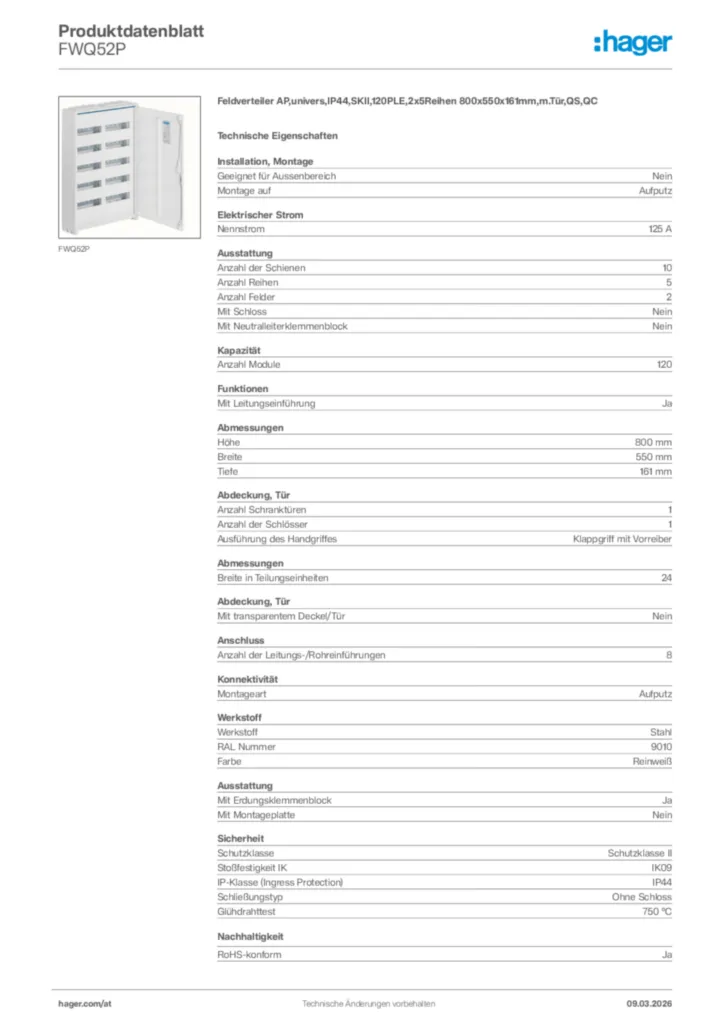 Bild Hager Produktdatenblatt FWQ52P | Hager Deutschland