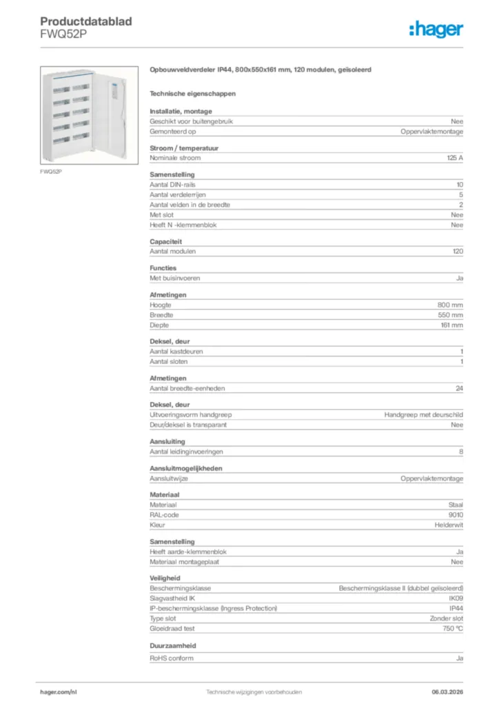 Afbeelding Hager Productdatablad FWQ52P | Hager Nederland