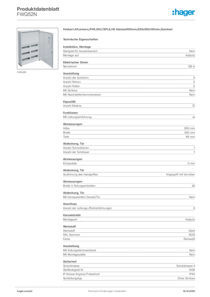 Bild Hager Produktdatenblatt FWQ52N | Hager Deutschland