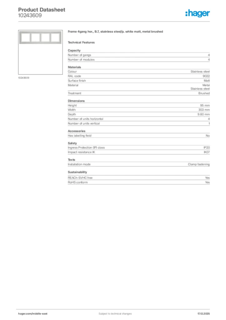 Image Hager Product data sheet 10243609  | Hager