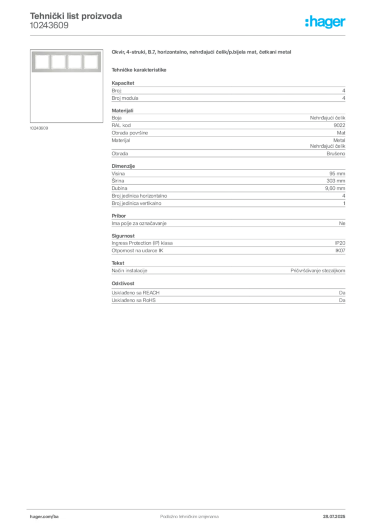 Slika Hager Product data sheet 10243609  | Hager