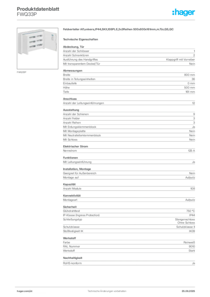 Bild Hager Produktdatenblatt FWQ33P | Hager Deutschland