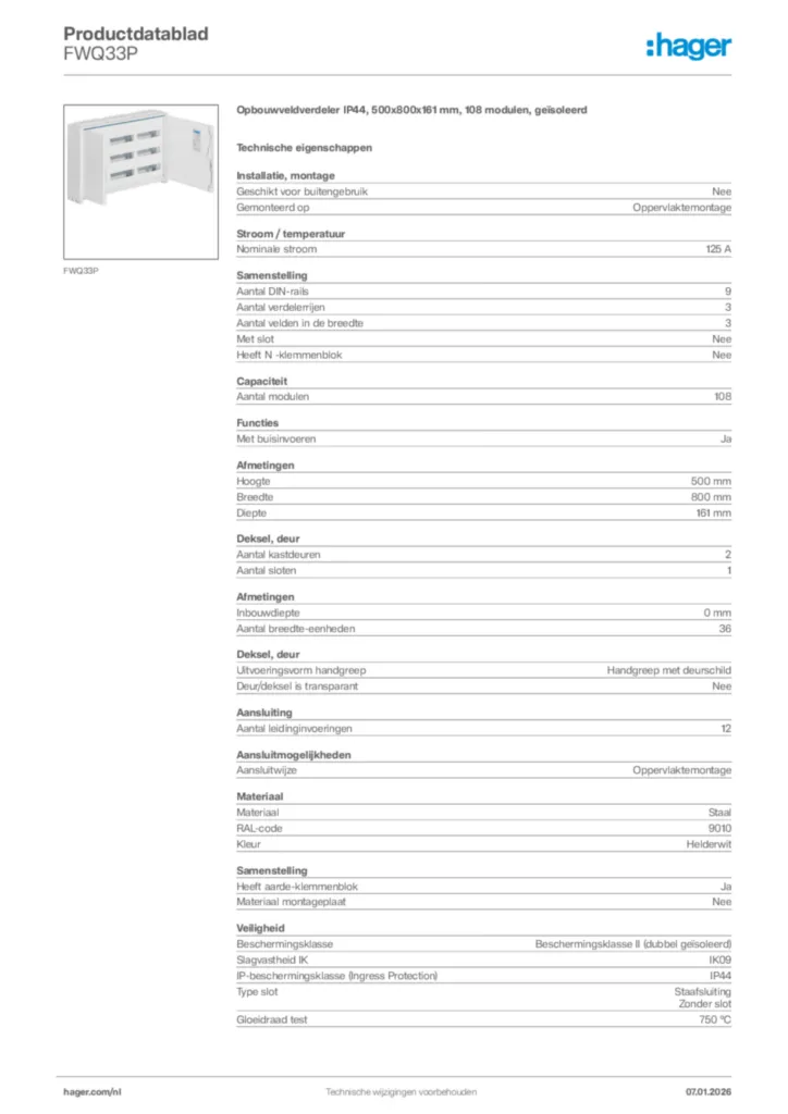 Afbeelding Hager Productdatablad FWQ33P | Hager Nederland