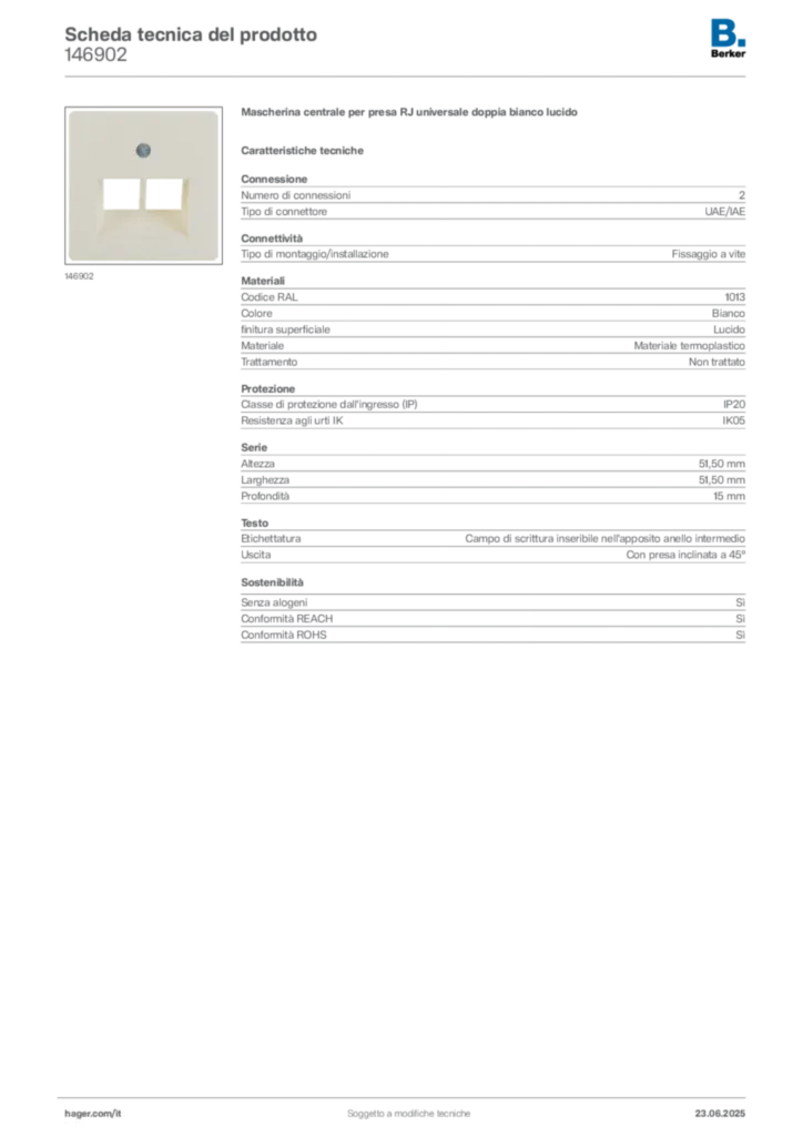 Immagine Berker Scheda tecnica del prodotto 146902 | Hager Italia