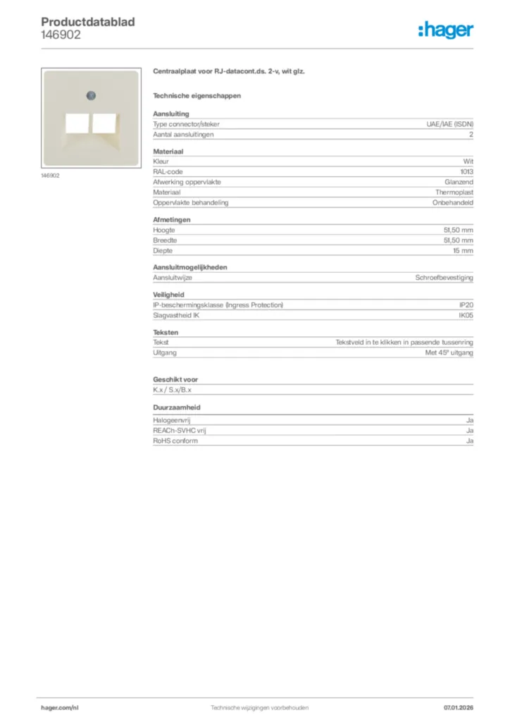 Afbeelding Hager Productdatablad 146902 | Hager Nederland