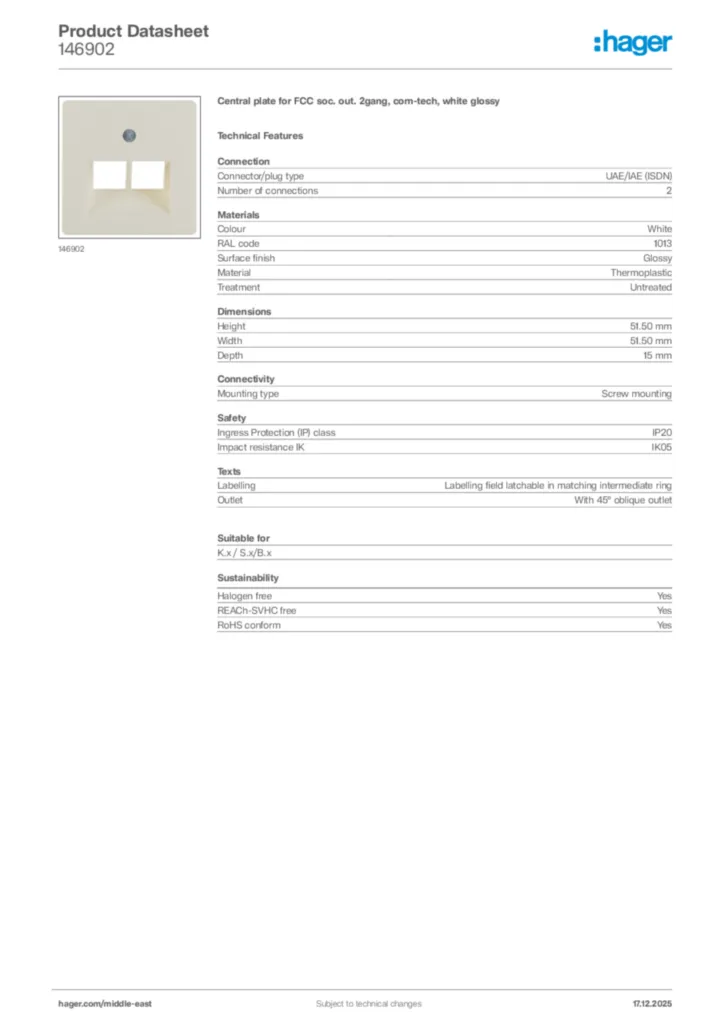 Image Hager Product data sheet 146902  | Hager