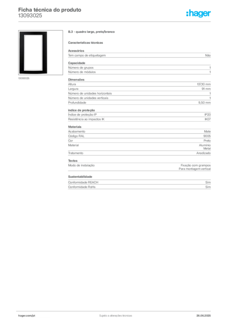 Imagem Hager Ficha técnica do produto 13093025 | Hager Portugal