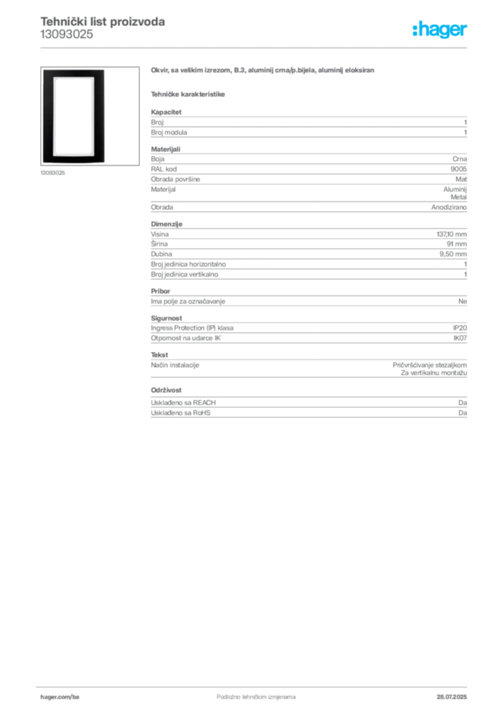 Slika Hager Product data sheet 13093025  | Hager