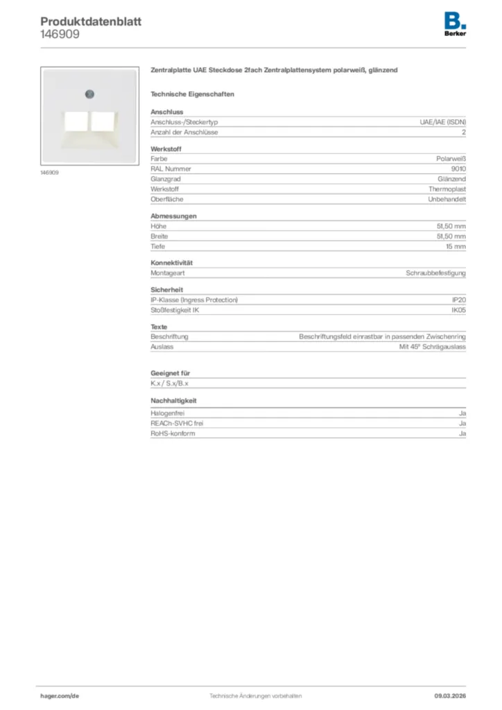 Bild Berker Produktdatenblatt 146909 | Hager Deutschland