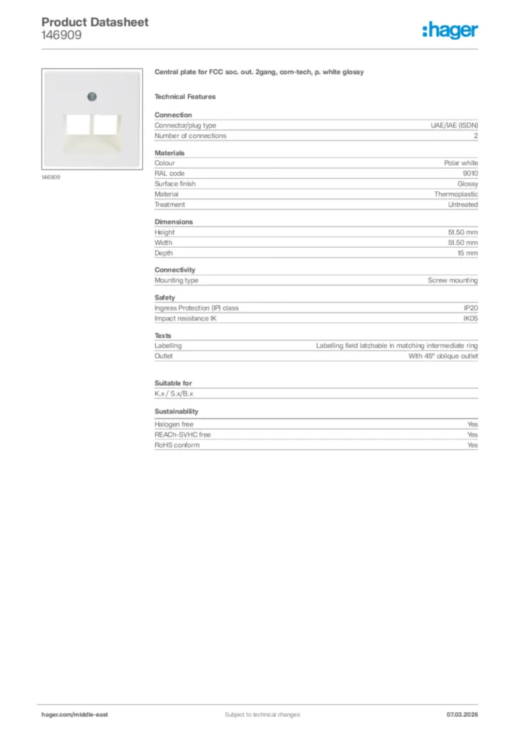 Image Hager Product data sheet 146909  | Hager
