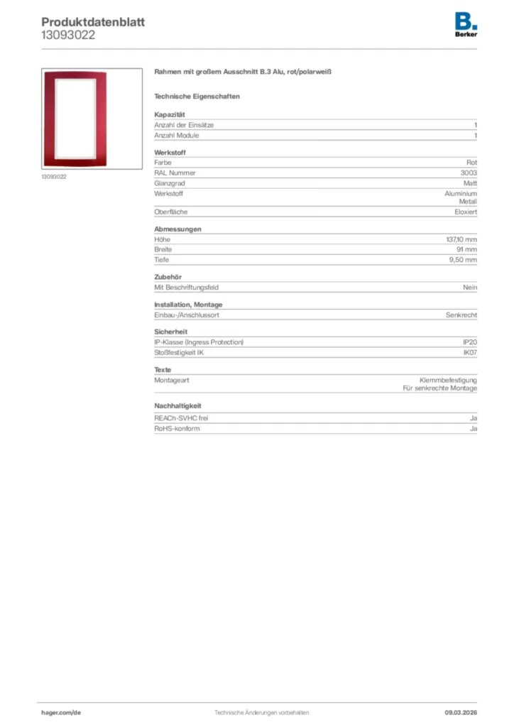 Bild Berker Produktdatenblatt 13093022 | Hager Deutschland