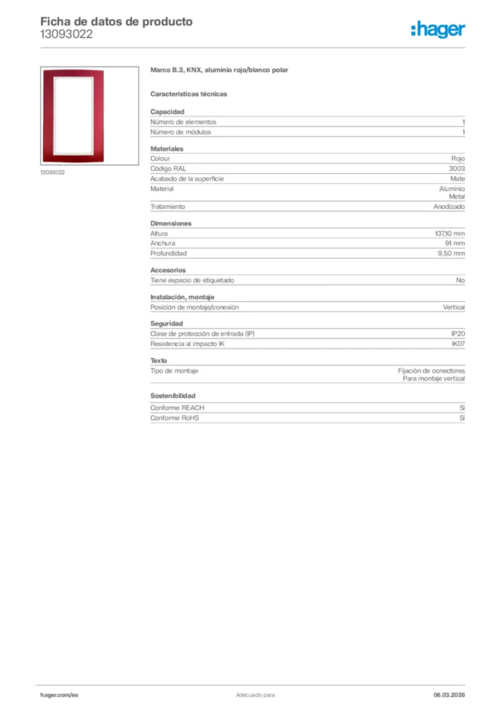 Imagen Hager Ficha de datos de producto 13093022 | Hager España