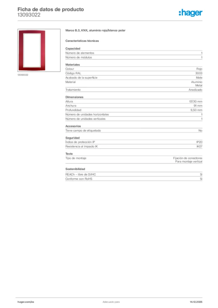 Imagen Hager Ficha de datos de producto 13093022 | Hager España