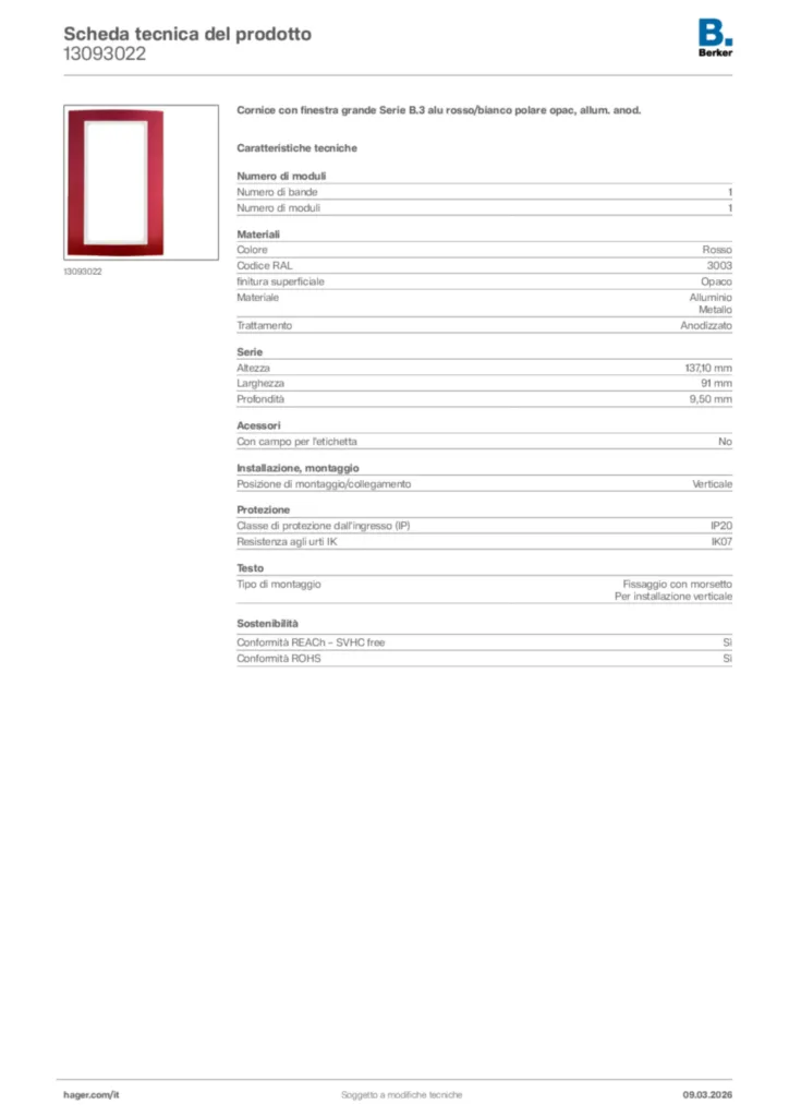 Immagine Berker Scheda tecnica del prodotto 13093022 | Hager Italia