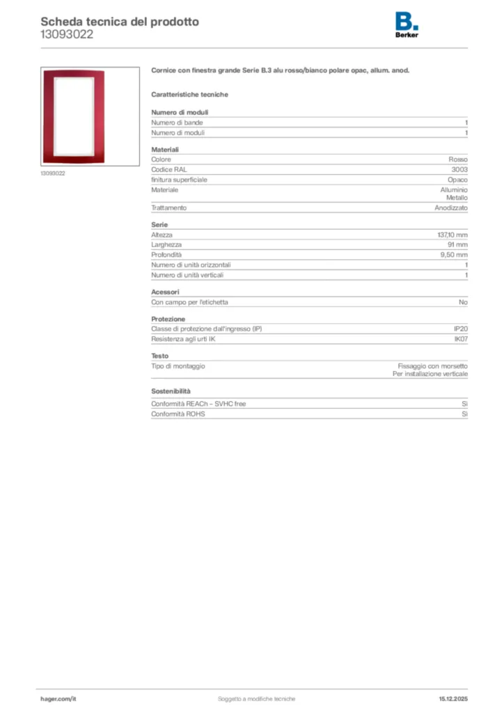 Immagine Berker Scheda tecnica del prodotto 13093022 | Hager Italia