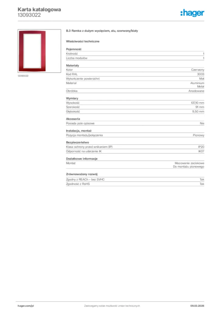 Zdjęcie Hager Karta katalogowa 13093022 | Hager Polska