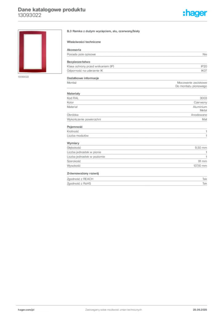 Zdjęcie Hager Karta katalogowa 13093022 | Hager Polska
