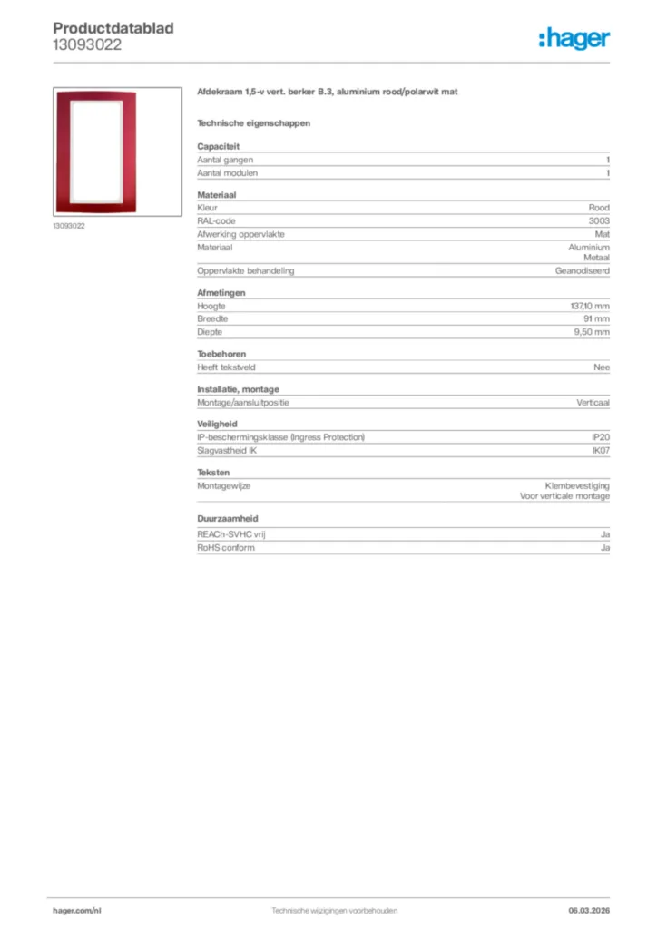 Afbeelding Hager Productdatablad 13093022 | Hager Nederland
