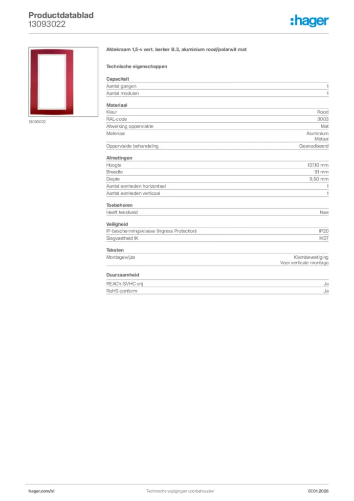 Afbeelding Hager Productdatablad 13093022 | Hager Nederland