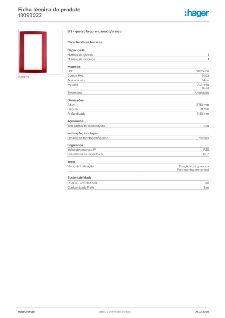 Imagem Hager Ficha técnica do produto 13093022 | Hager Portugal