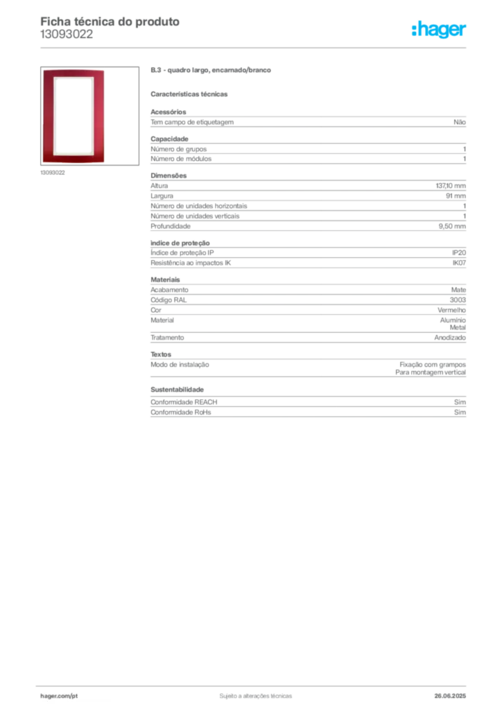 Imagem Hager Ficha técnica do produto 13093022 | Hager Portugal