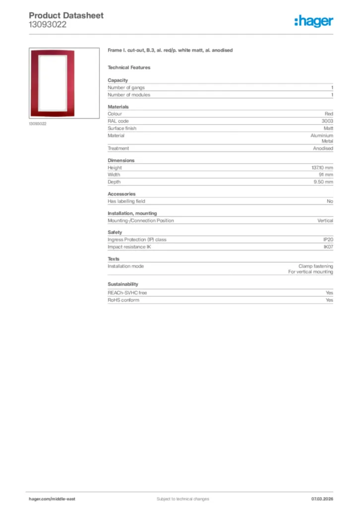 Image Hager Product data sheet 13093022  | Hager