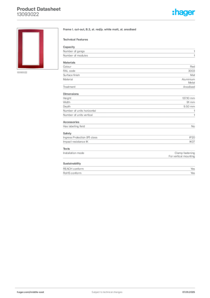 Image Hager Product data sheet 13093022  | Hager