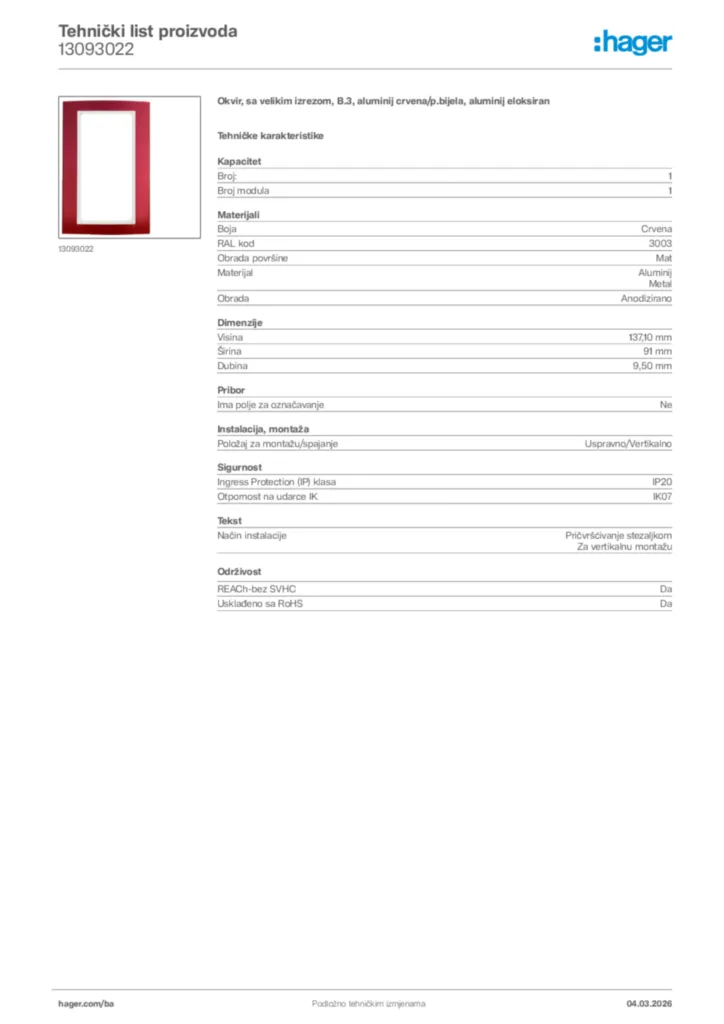 Slika Hager Tehnički list proizvoda 13093022  | Hager