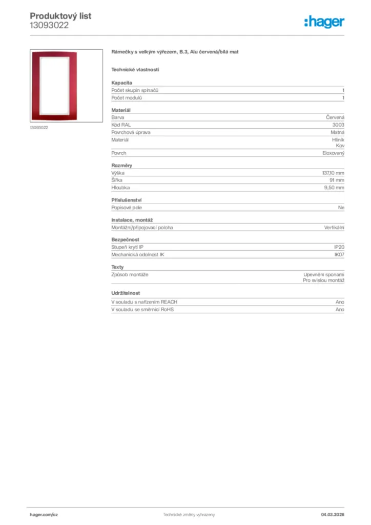 Obrázek Hager Product data sheet 13093022 | Hager
